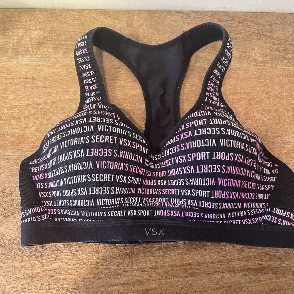 Victoria's Secret VSX Sports Bra 32B Black Pink Logo Athletic Racerback Workout - Picture 1 of 14